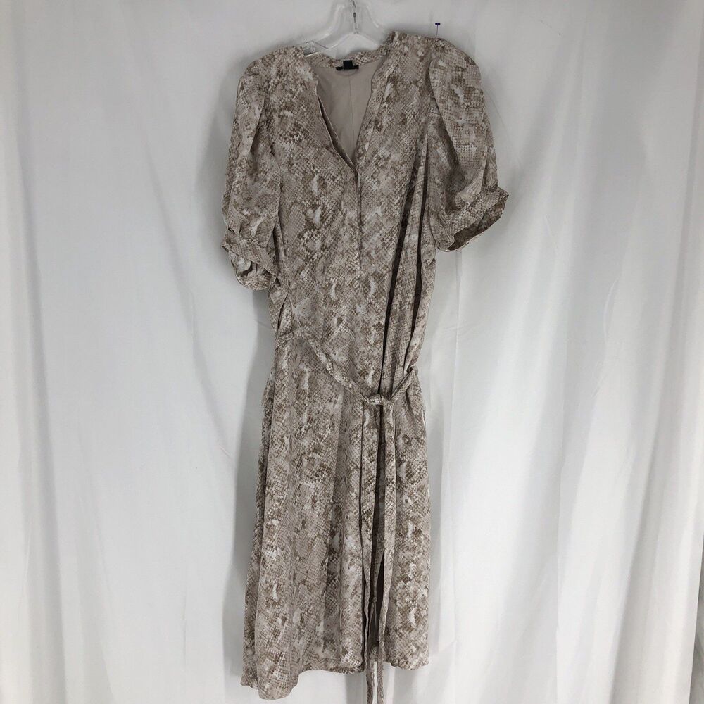 Ann Taylor Snakeskin Print Puff Sleeve Midi Dress Tan Cream V-Neck LP